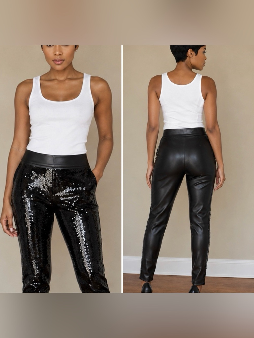 SPANX Black Sequin Front Faux Leather Back Skinny Pants size L